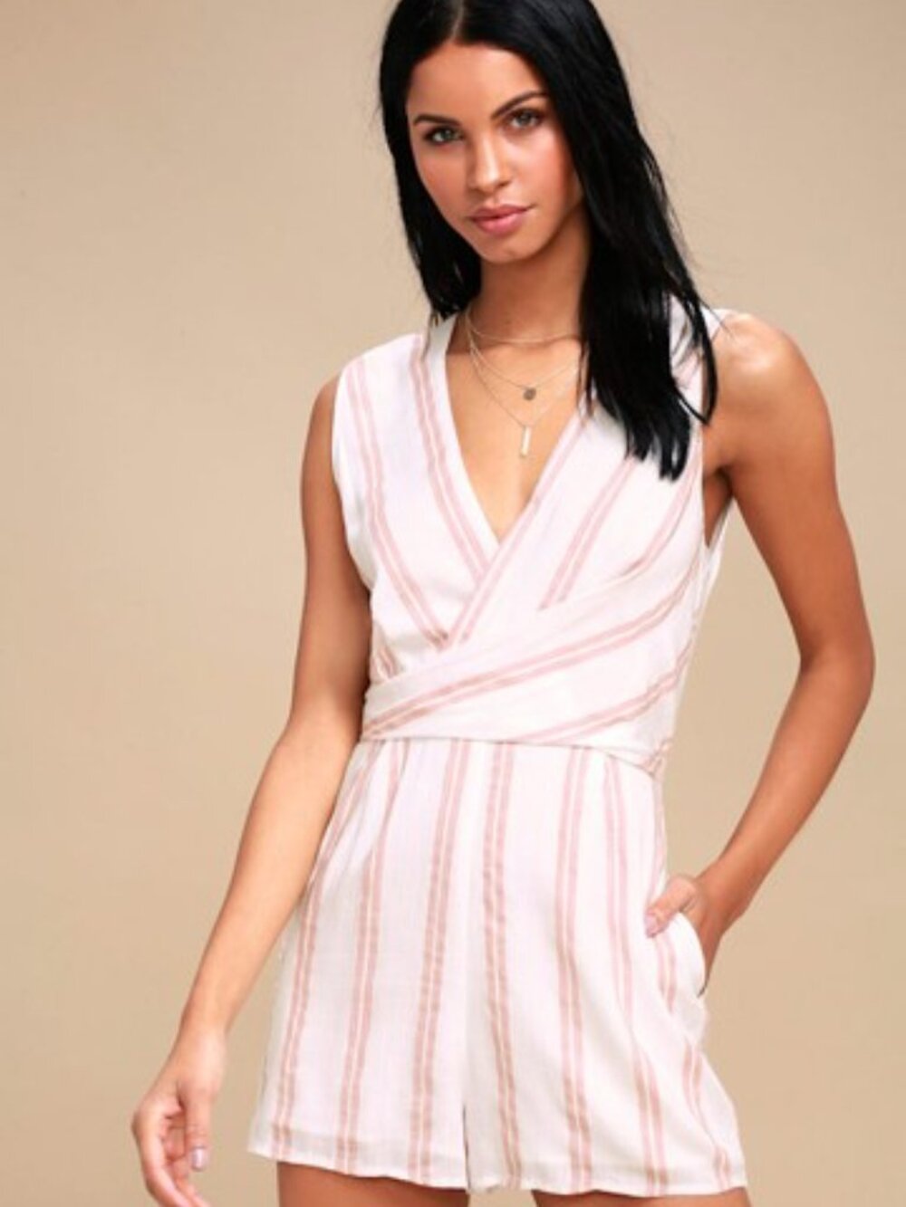 Lulus White & Dusty Pink Striped Smocked Romper Size XS